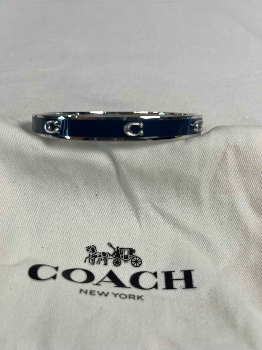 Coach Blue Enamel Signature C Silver Tone Hinged Bangle Bracelet